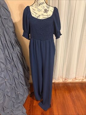 Smocked Navy Wide-Leg Jumpsuit with Puff Sleeves